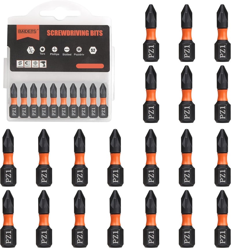 BAIDETS Pro PZ1 Bit Assortment - Screwdriver Bits Set 20Pcs, 25mm Length, Pozi Screwdriver Bit, 1/4 Inch Hex Shank, with Storage Box - Image 1